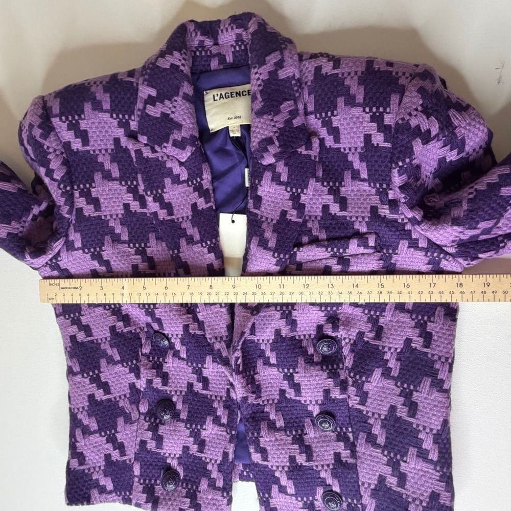 NWT L'AGENCE Inez Purple Houndstooth Cropped Double Breasted Blazer Sz 4 Jacket - Picture 12 of 12